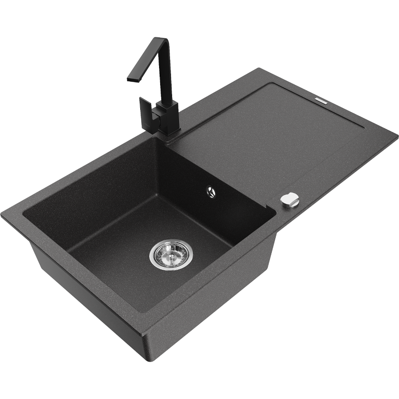 Mexen Leo granite kitchen sink 1-bowl with drainer and Rita kitchen faucet, black speckled - 6501-76-670300-70
