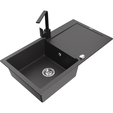 Mexen Leo granite kitchen sink 1-bowl with drainer and Rita kitchen faucet, black speckled - 6501-76-670300-70