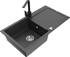 Mexen Leo granite sink 1-bowl with drainer and Rita kitchen tap, speckled black - 6501-76-670300-70