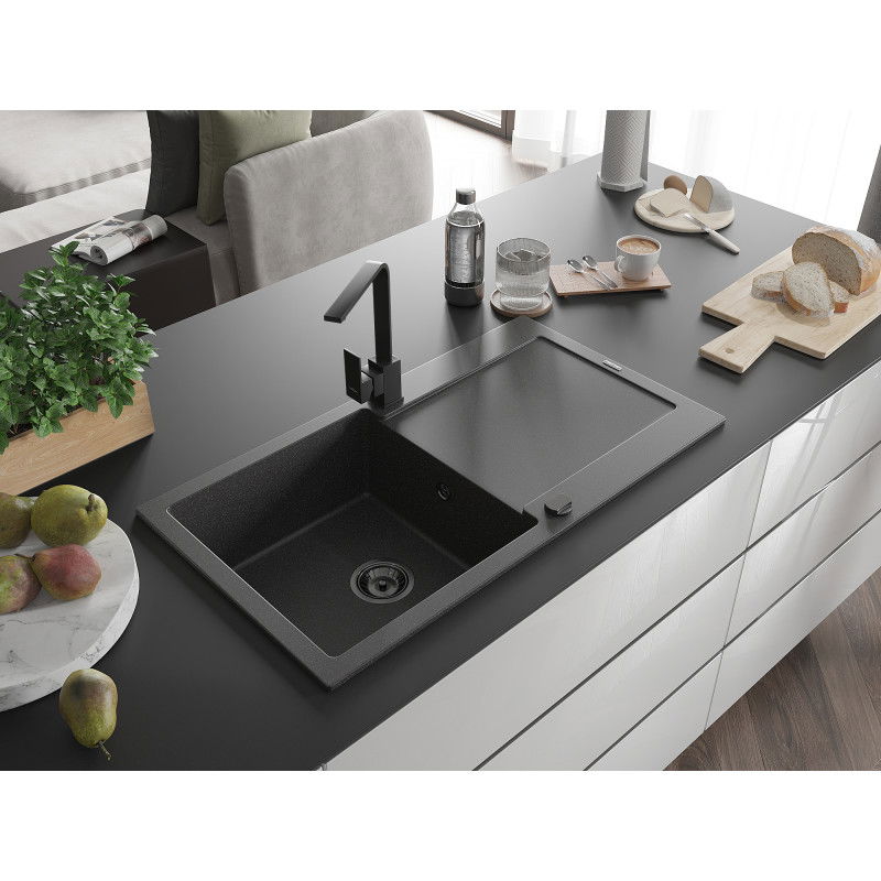 Mexen Leo 1-bowl granite kitchen sink with drainer and Rita kitchen tap, black speckled - 6501-76-670300-70-B