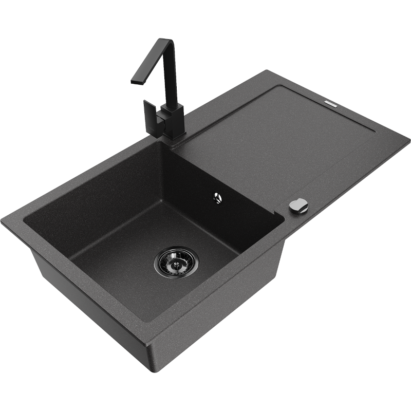 Mexen Leo 1-bowl granite kitchen sink with drainer and Rita kitchen tap, black speckled - 6501-76-670300-70-B