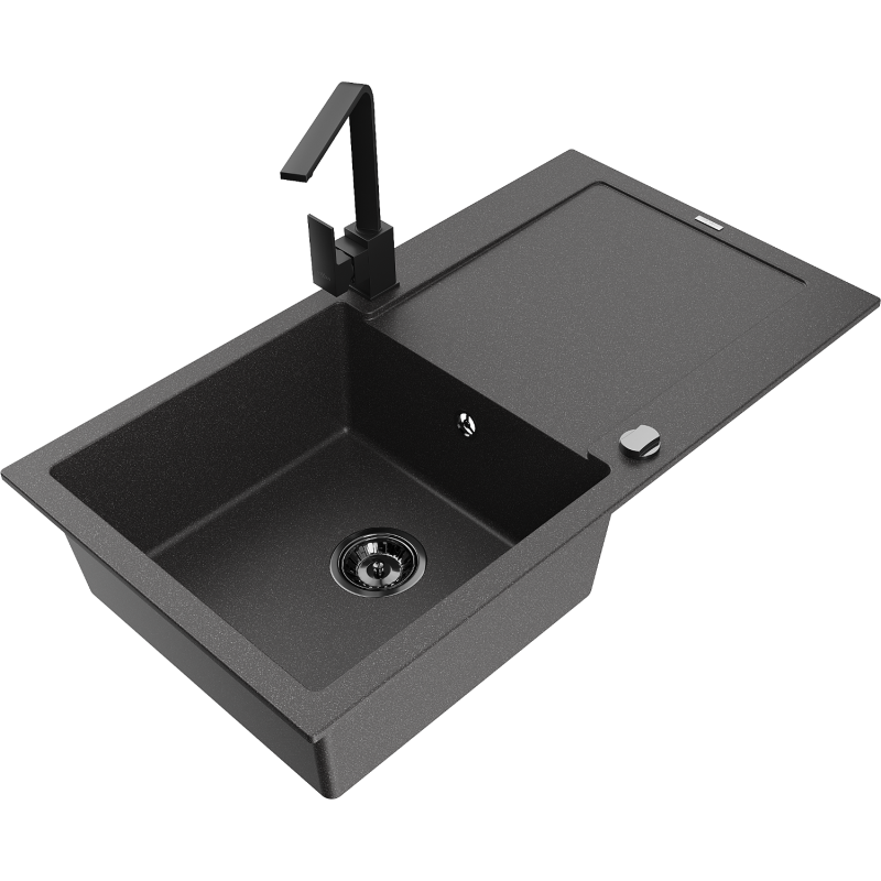 Mexen Leo granite kitchen sink 1-bowl with drainer and kitchen faucet Rita, black speckled - 6501-76-670300-70-B