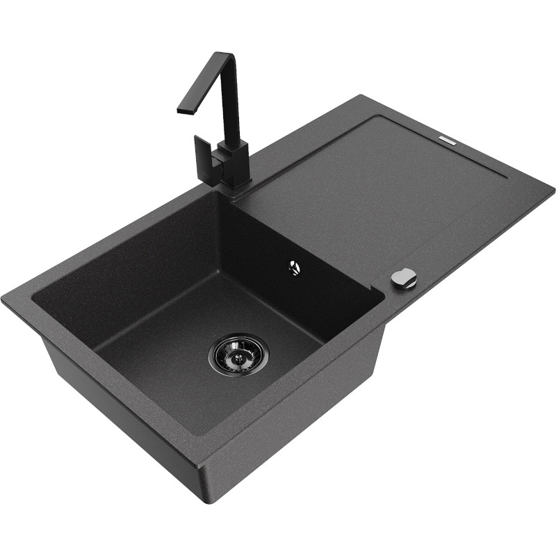 Mexen Leo granite sink 1-bowl with drainer and kitchen faucet Rita, black speckled - 6501-76-670300-70-B