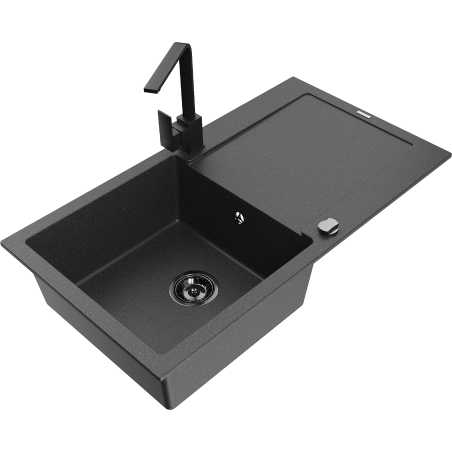 Mexen Leo 1-bowl granite kitchen sink with drainer and Rita kitchen tap, black speckled - 6501-76-670300-70-B