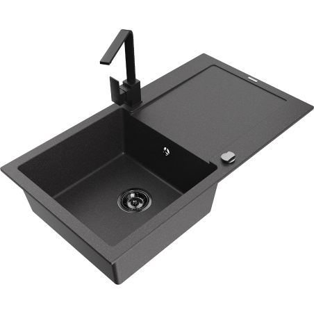 Mexen Leo granite kitchen sink 1-bowl with drainer and kitchen faucet Rita, black speckled - 6501-76-670300-70-B