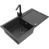 Mexen Leo 1-bowl granite kitchen sink with drainer and Rita kitchen tap, black speckled - 6501-76-670300-70-B