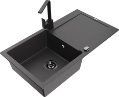 Mexen Leo 1-bowl granite kitchen sink with drainer and Rita kitchen tap, black speckled - 6501-76-670300-70-B