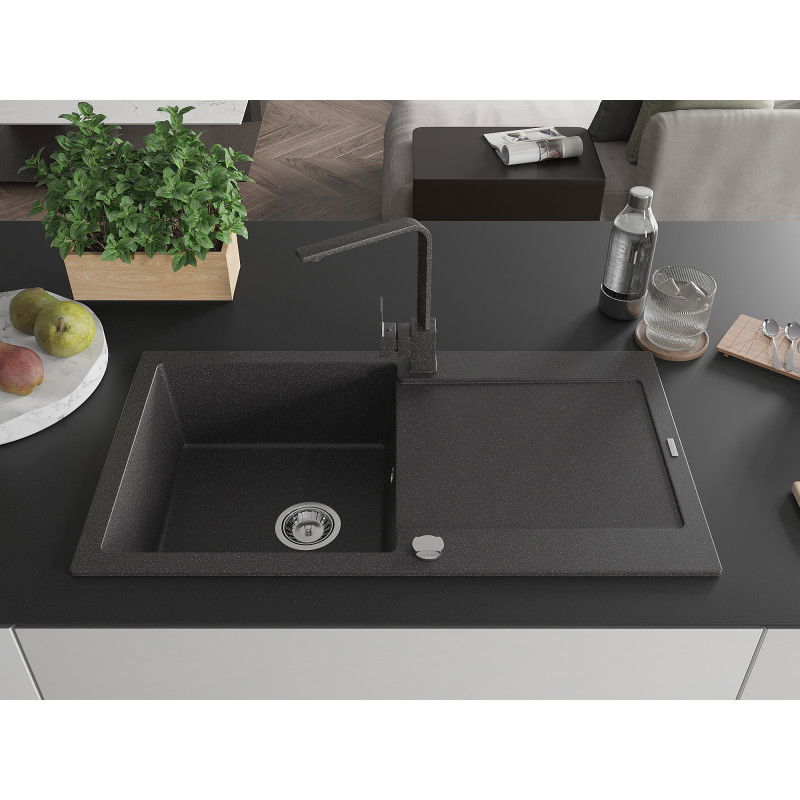 Mexen Leo 1-bowl granite sink with drainer and Rita kitchen tap, speckled black - 6501-76-670300-76