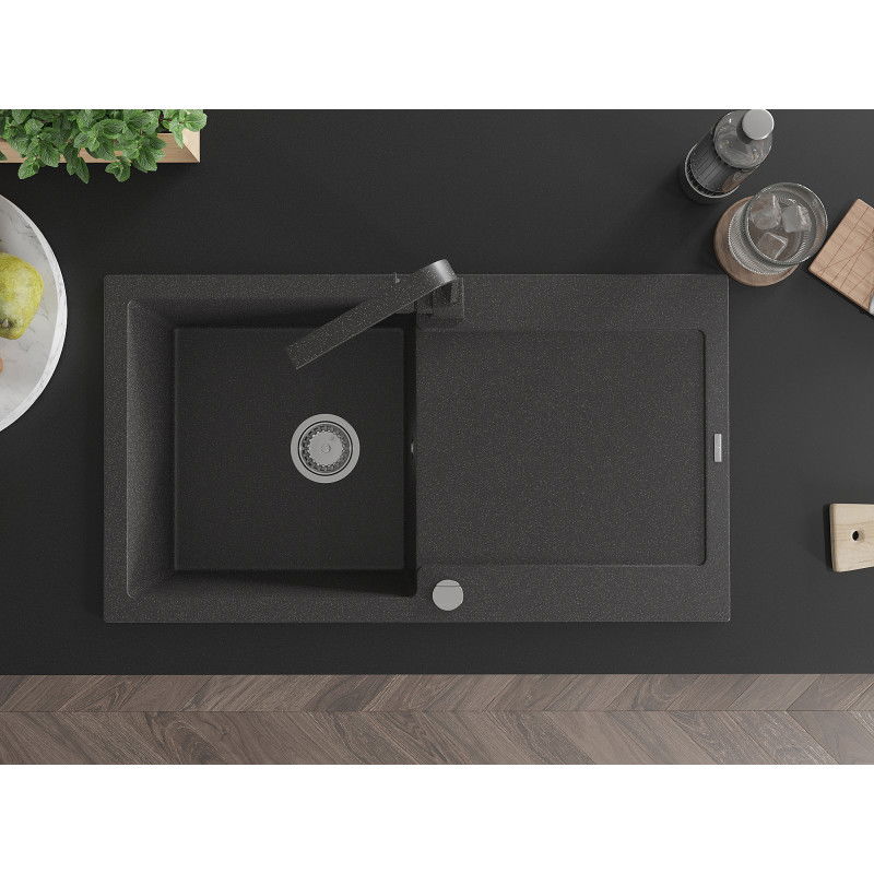 Mexen Leo 1-bowl granite sink with drainer and Rita kitchen tap, speckled black - 6501-76-670300-76