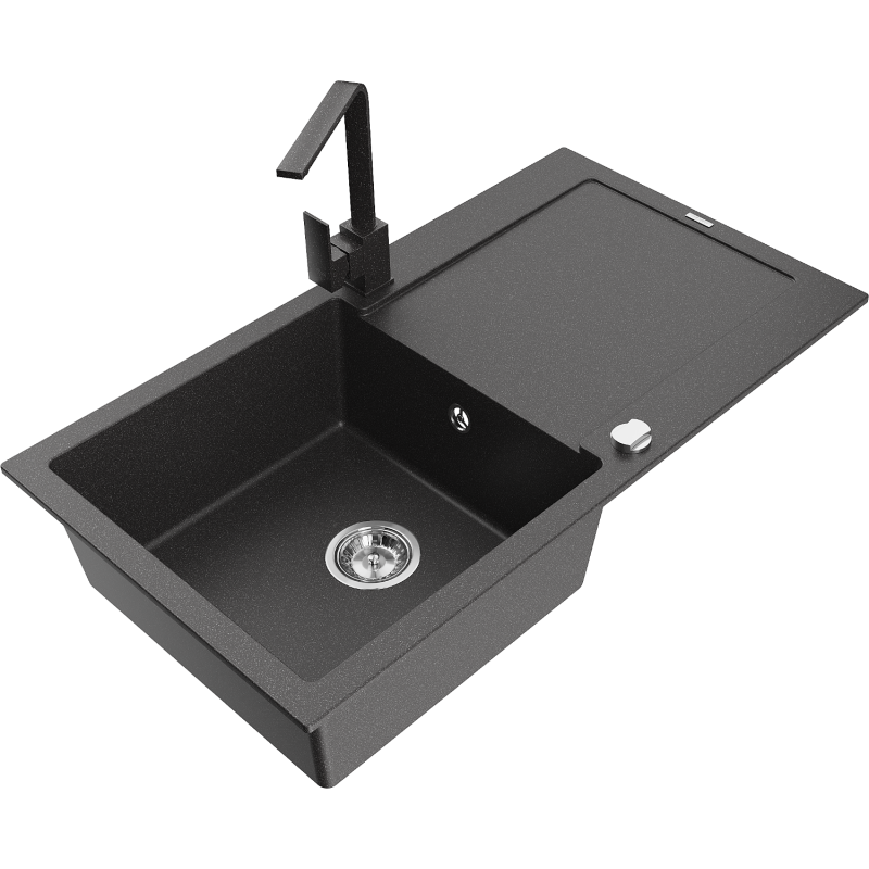 Mexen Leo 1-compartment granite sink with a drip tray and kitchen mixer tap Rita, spotted black - 6501-76-670300-76