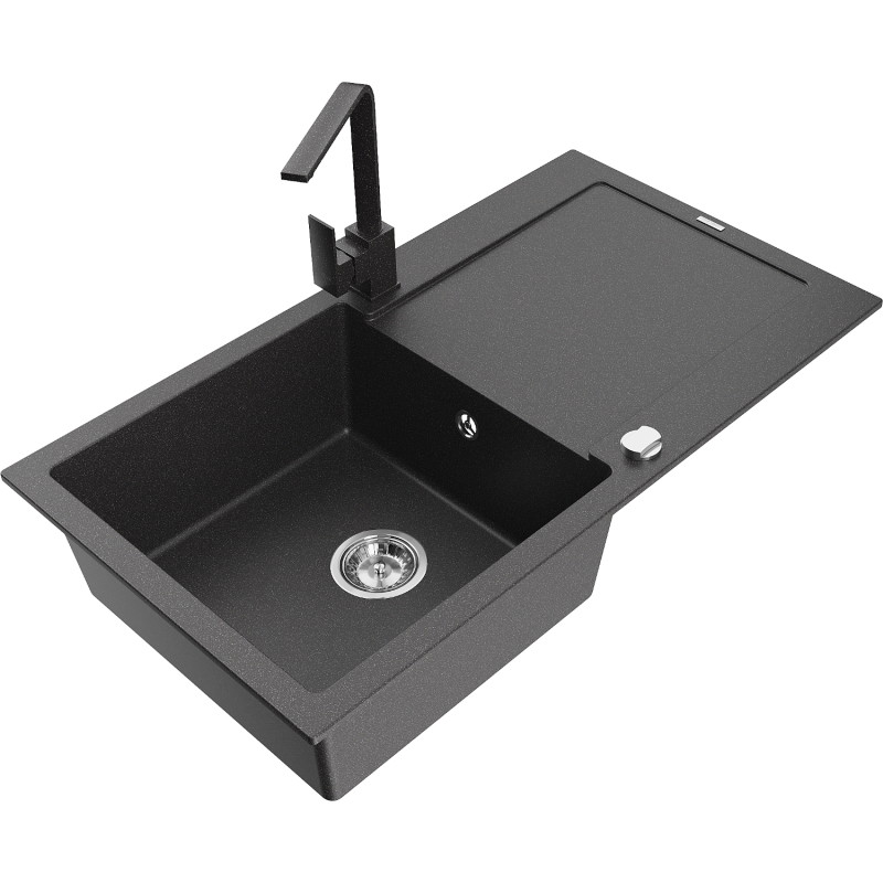Mexen Leo granite single-bowl sink with drainer and Rita kitchen faucet, black speckled - 6501-76-670300-76