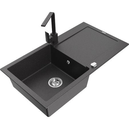 Mexen Leo 1-bowl granite sink with drainer and Rita kitchen tap, speckled black - 6501-76-670300-76
