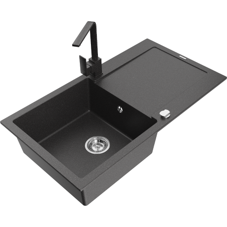 Mexen Leo single-bowl granite sink with drainer and kitchen faucet Rita, speckled black - 6501-76-670300-76