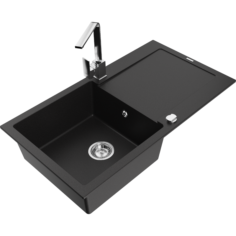 Mexen Leo 1-compartment granite sink with a drip tray and kitchen mixer tap Rita, Black - 6501-77-670300-00