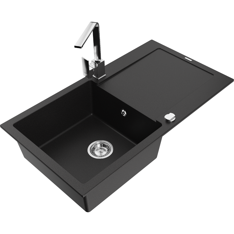 Mexen Leo granite sink 1-bowl with drainer and Rita kitchen tap, black - 6501-77-670300-00