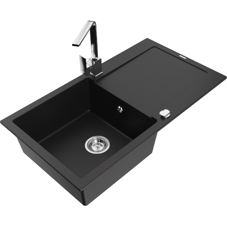 Mexen Leo 1-compartment granite sink with a drip tray and kitchen mixer tap Rita, Black - 6501-77-670300-00