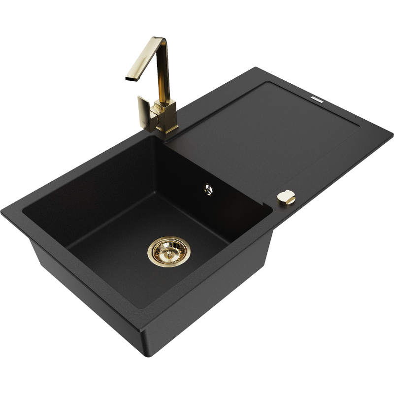Mexen Leo Granite Sink 1-Bowl with Drainer and Kitchen Tap Rita, Black - 6501-77-670300-50