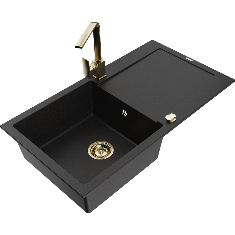 Mexen Leo granite sink 1-bowl with drainer and Rita kitchen faucet, black - 6501-77-670300-50