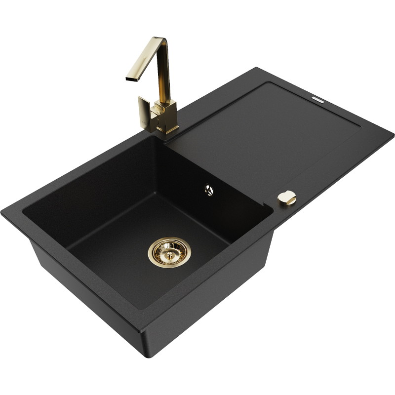 Mexen Leo single-bowl granite sink with drainer and kitchen faucet Rita, black - 6501-77-670300-50