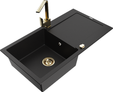 Mexen Leo Granite Sink 1-Bowl with Drainer and Kitchen Tap Rita, Black - 6501-77-670300-50