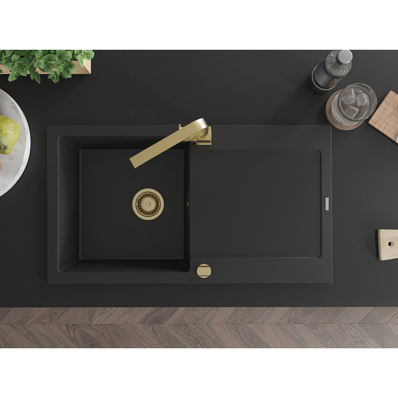 Mexen Leo granite sink 1-bowl with drainer and Rita kitchen faucet, black - 6501-77-670300-50