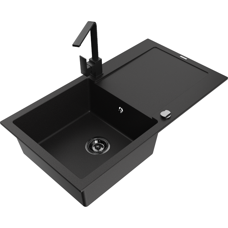 Mexen Leo granite sink single-bowl with drainer and kitchen faucet Rita, black - 6501-77-670300-70-B