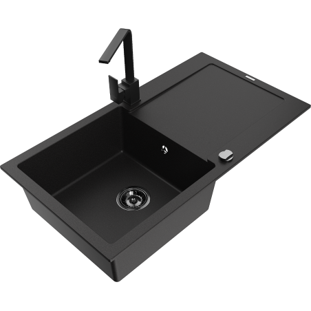 Mexen Leo granite kitchen sink 1-bowl with drainer and Rita kitchen tap, black - 6501-77-670300-70-B