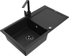Mexen Leo 1-bowl granite sink with drainer and Rita kitchen faucet, black - 6501-77-670300-70-B