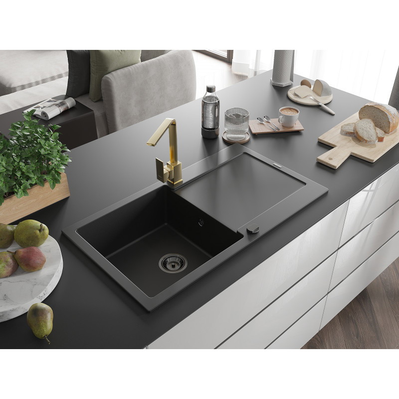 Mexen Leo 1-bowl granite sink with drainer and kitchen faucet Rita, black - 6501-77-670300-50-B