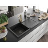 Mexen Leo 1-bowl granite sink with drainer and kitchen faucet Rita, black - 6501-77-670300-50-B