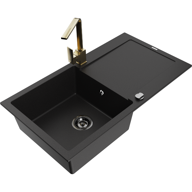 Mexen Leo 1-bowl granite sink with drainer and kitchen faucet Rita, black - 6501-77-670300-50-B