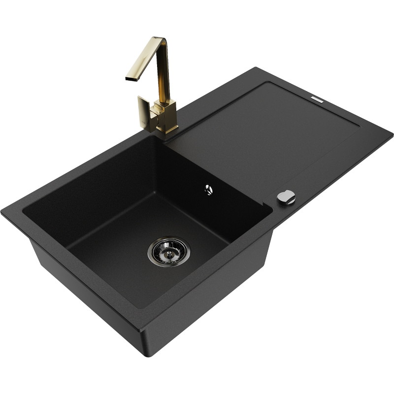 Mexen Leo granite kitchen sink single-bowl with drainer and Rita kitchen faucet, black - 6501-77-670300-50-B