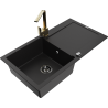 Mexen Leo granite kitchen sink single-bowl with drainer and Rita kitchen faucet, black - 6501-77-670300-50-B