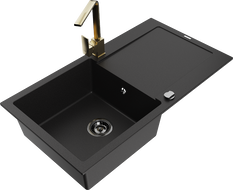 Mexen Leo granite kitchen sink 1-bowl with drainer and Rita kitchen tap, black - 6501-77-670300-50-B