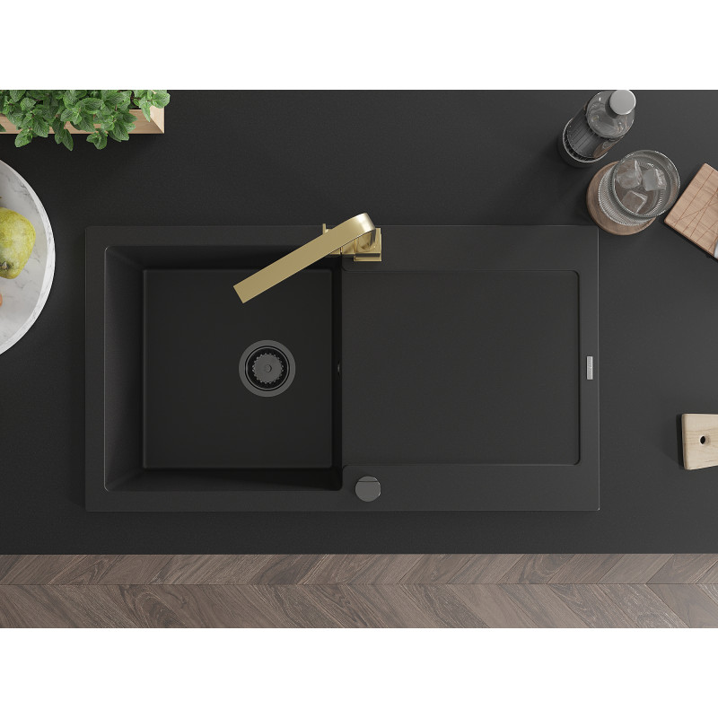 Mexen Leo 1-bowl granite sink with drainer and kitchen faucet Rita, black - 6501-77-670300-50-B