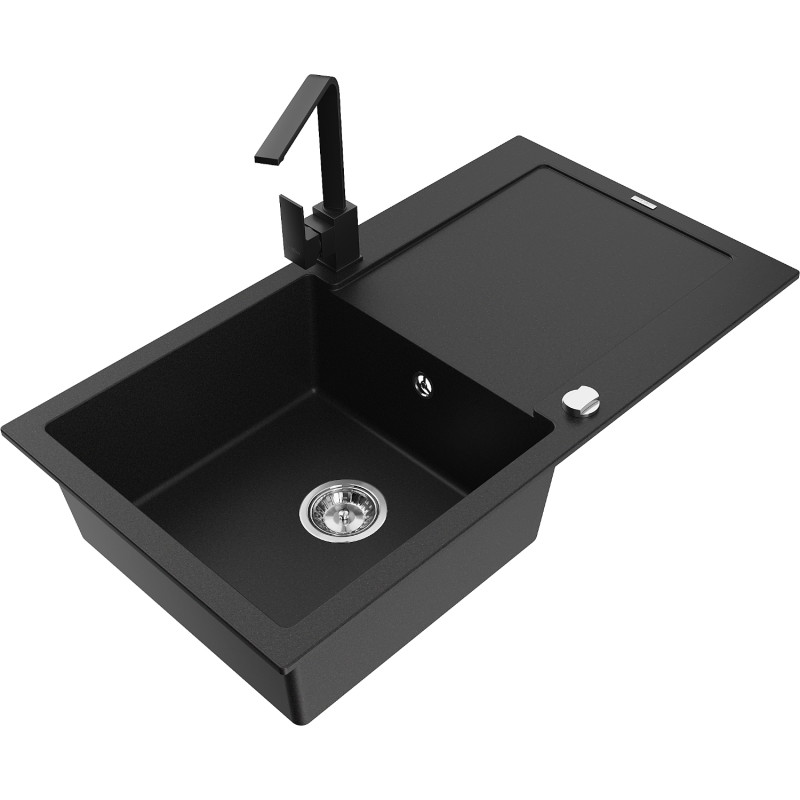 Mexen Leo 1-bowl granite sink with drainer and kitchen faucet Rita, black - 6501-77-670300-70