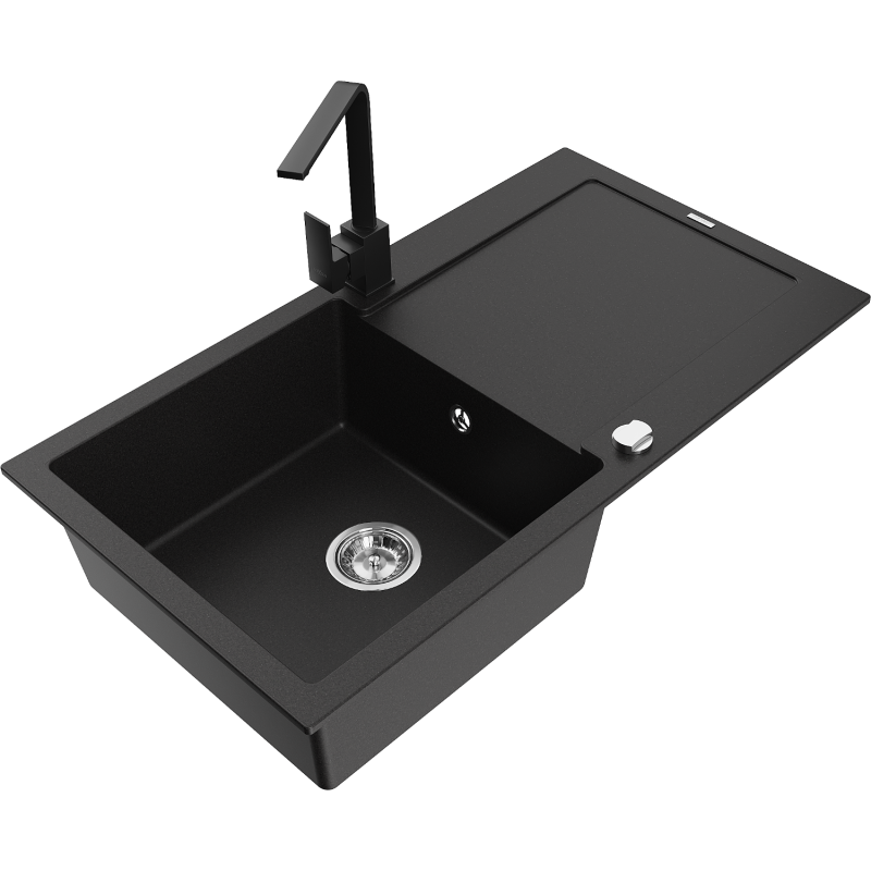 Mexen Leo granite kitchen sink with 1 bowl, drainer, and Rita kitchen faucet, black - 6501-77-670300-70