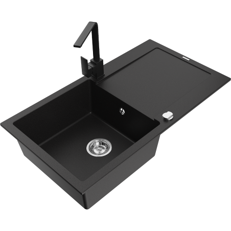 Mexen Leo single-bowl granite sink with drainer and Rita kitchen tap, black - 6501-77-670300-70