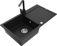 Mexen Leo 1-bowl granite sink with drainer and kitchen faucet Rita, black - 6501-77-670300-70