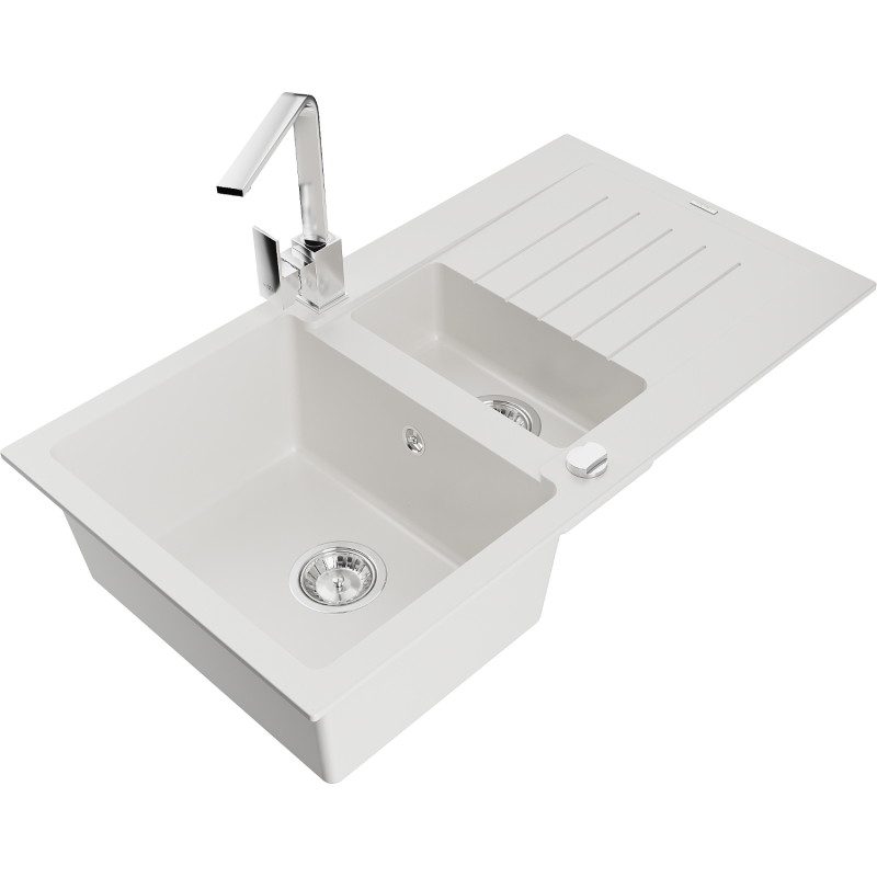 Mexen Matias granite sink 1.5-bowl with drainer and Rita kitchen tap, white - 6502-20-670300-00
