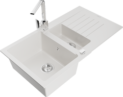 Mexen Matias granite sink 1.5-bowl with drainer and Rita kitchen tap, white - 6502-20-670300-00