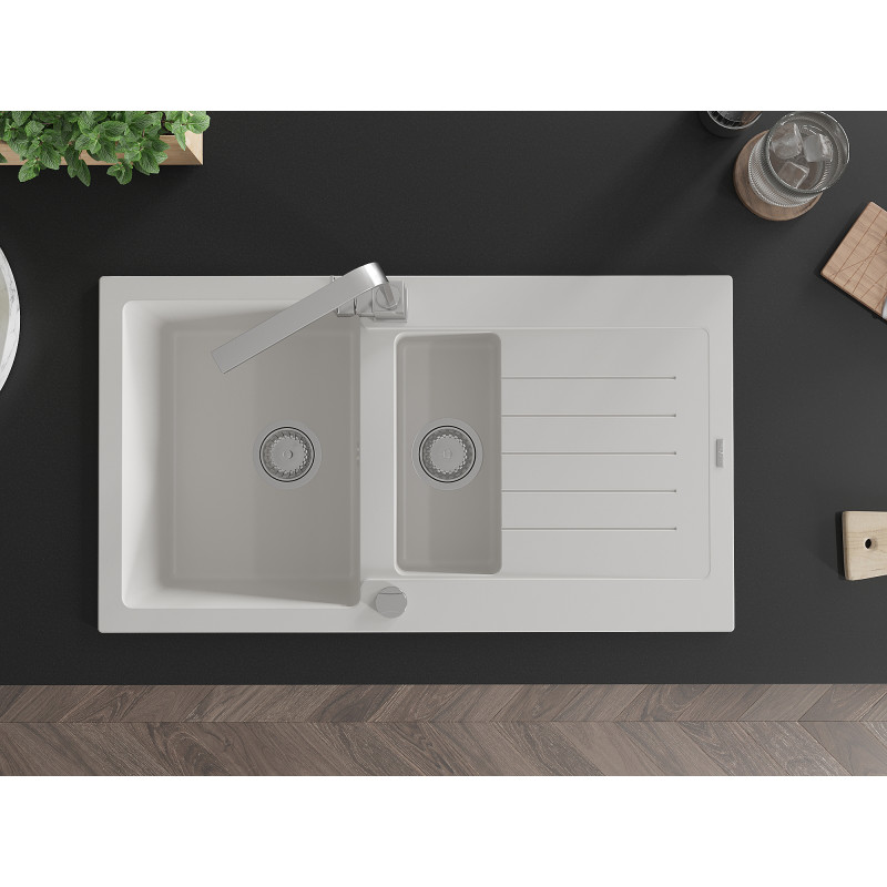 Mexen Matias granite sink 1.5-bowl with drainer and kitchen faucet Rita, white - 6502-20-670300-00