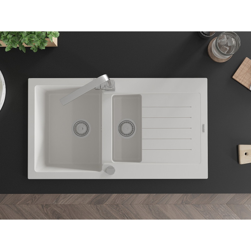 Mexen Matias granite sink 1.5-bowl with drainer and Rita kitchen tap, white - 6502-20-670300-00