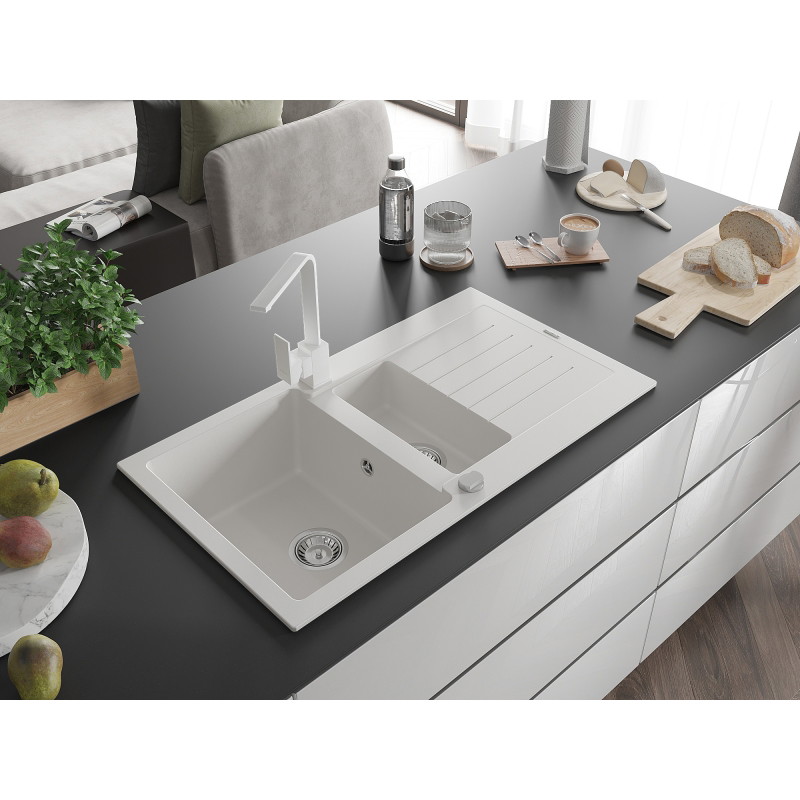 Mexen Matias 1.5-bowl granite sink with drainer and Rita kitchen faucet, white - 6502-20-670300-20