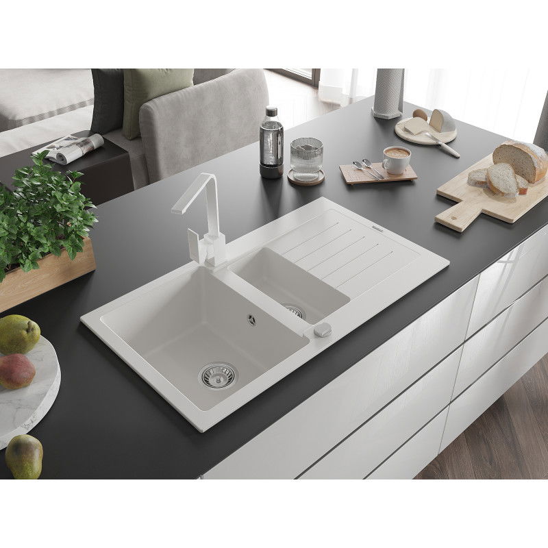 Mexen Matias granite kitchen sink 1.5-bowl with drainer and Rita kitchen tap, white - 6502-20-670300-20
