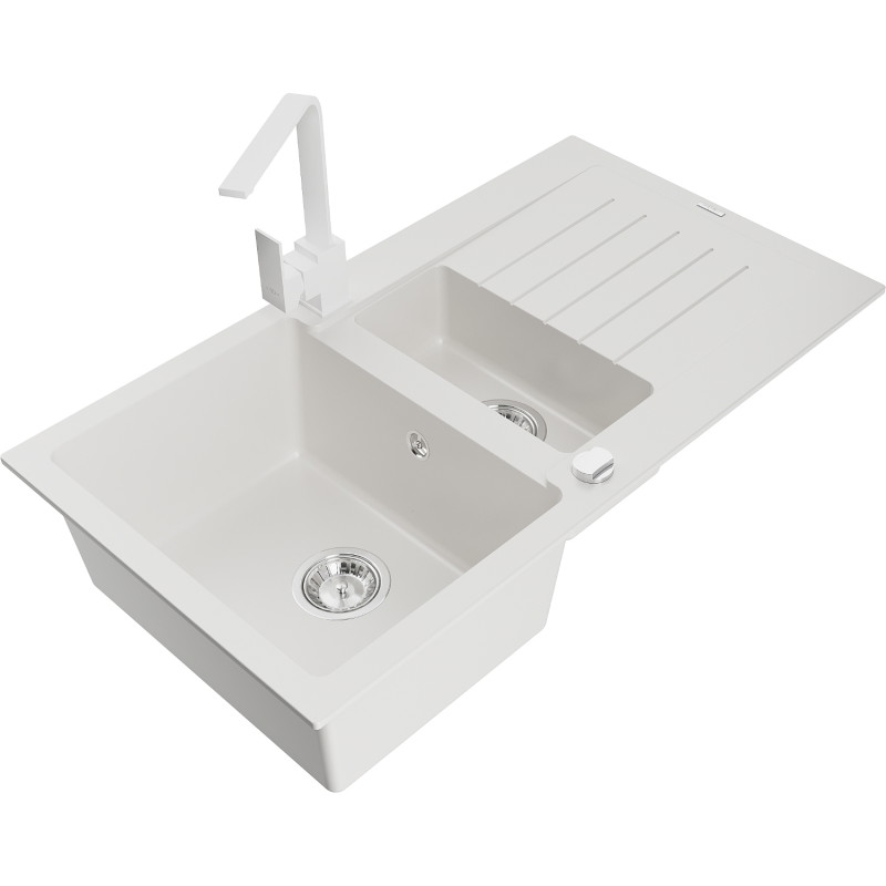 Mexen Matias 1.5-bowl granite sink with drainer and Rita kitchen faucet, white - 6502-20-670300-20