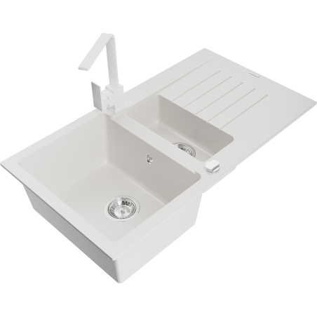 Mexen Matias 1.5-compartment granite sink with a drip tray and kitchen mixer tap Rita, White - 6502-20-670300-20