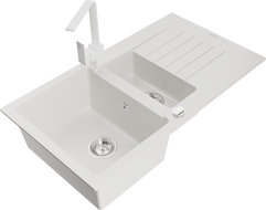 Mexen Matias 1.5-compartment granite sink with a drip tray and kitchen mixer tap Rita, White - 6502-20-670300-20