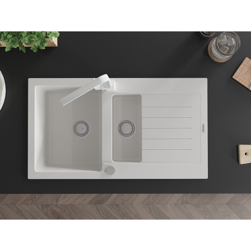 Mexen Matias granite sink 1.5-bowl with drainer and Rita kitchen faucet, white - 6502-20-670300-20