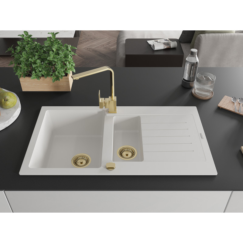 Mexen Matias 1.5-bowl granite sink with drainer and Rita kitchen faucet, white - 6502-20-670300-50